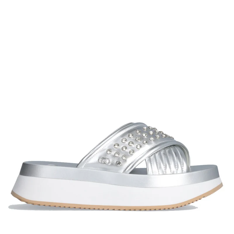 Ciabatte Platform con Borchie Gioiello LIU JO Dreamy Sandal 05 effetto Laminato Silver