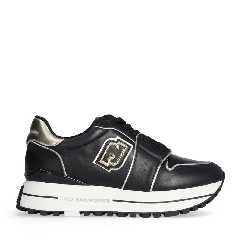 Sneakers Platform Donna LIU JO Maxi Wonder 85 in Pelle Nera con Inserti Laminati Oro
