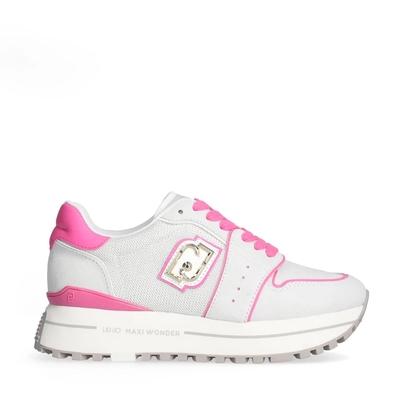 Sneakers Platform Donna LIU JO Maxi Wonder 85 in Suede e Mesh Off White Pink Fluo
