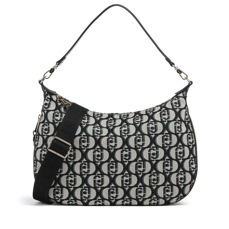 Hobo Bag Large con Tracolla LIU JO in Tessuto Jacquard con Logo All Over Nero