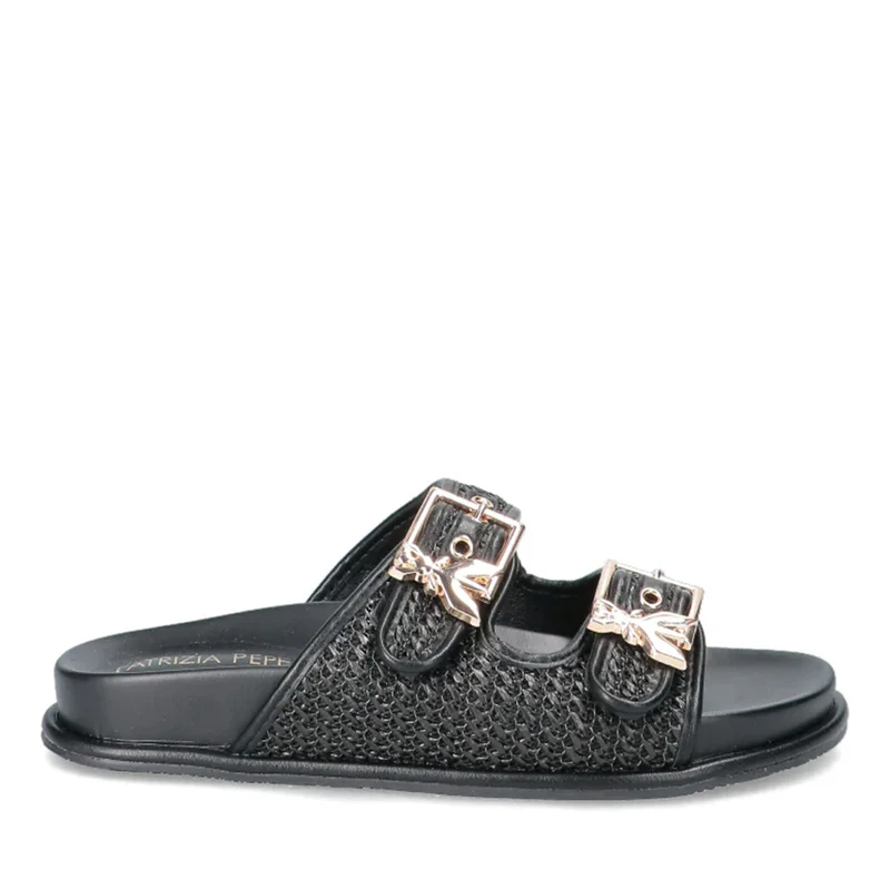 Ciabatte Doppia Fascia PATRIZIA PEPE Girl linea Flyrafia Sandal in Rafia Intrecciata Nera