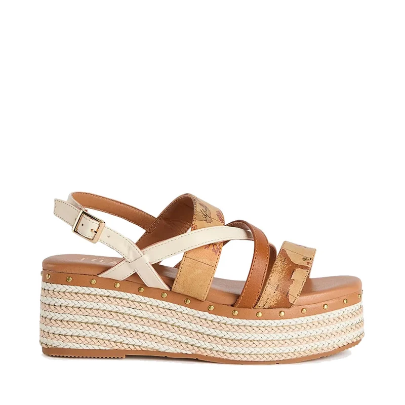 Sandali con Zeppa 6,5 cm 1A Classe Alviero Martini in Eco Nappa Bianca e Geo Classic 1113