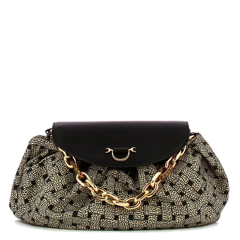 Borsa Donna a Spalla BORBONESE linea Dunette Medium in Tessuto Jet Op e Pelle colore Naturale e Nero
