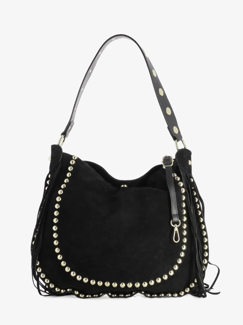 Borsa con borchie e frange nera