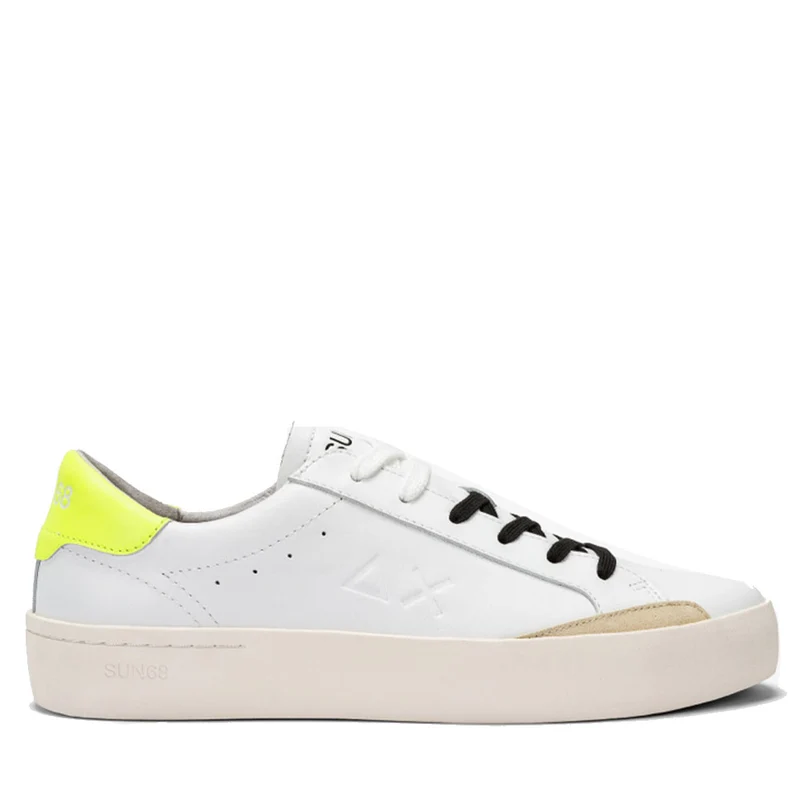 Scarpe Uomo Sun68 Sneakers Street Leather colore Bianco - Giallo Fluo