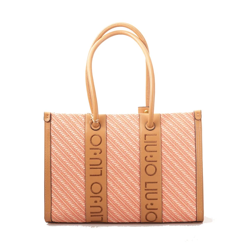 Shopping Bag LIU JO in Rafia con Logo Ricamato color Cuoio e Rosa