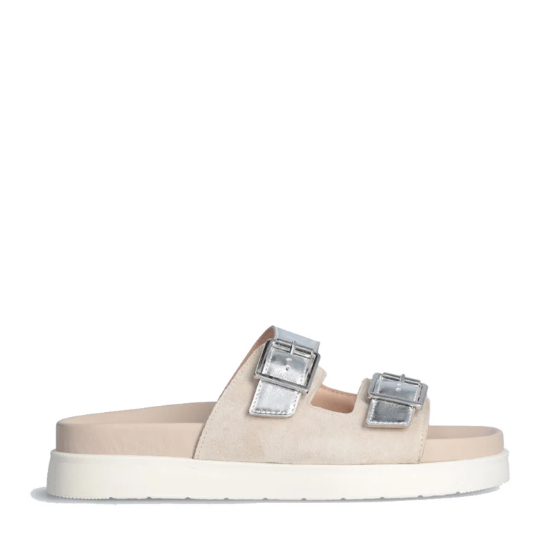 Ciabatte Bicolor LIU JO Penny 756 in Suede Beige e Inserti Metallizzati Silver