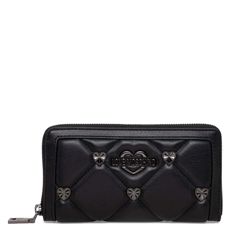 Portafoglio Donna Zip Around LOVE MOSCHINO linea Jewel Hearts Nero con Borchie Canna di Fucile