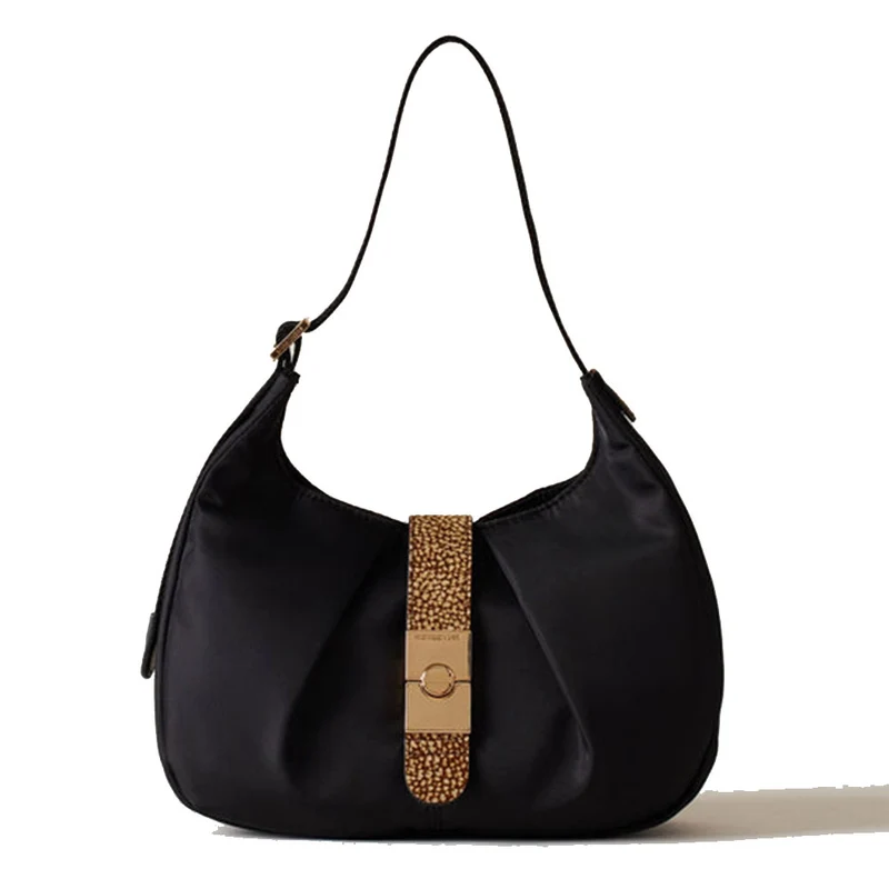 Borsa Donna Hobo Small BORBONESE in Tessuto linea Cortina colore Nero e OP Naturale