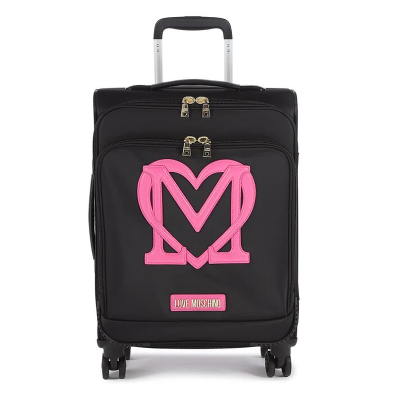 Trolley Cabina 55cm LOVE MOSCHINO in Tessuto Nero con Maxi Logo Fuxia