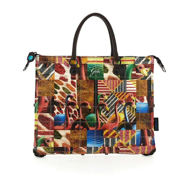 Borsa Donna a Mano con Tracolla GABS G3 PLUS Trasformabile in Pelle Patchwork stampa Fenicotteri Large