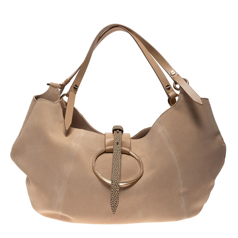 Borsa Donna Hobo Bag Medium BORBONESE in Pelle Scamosciata colore Beige e Op Naturale