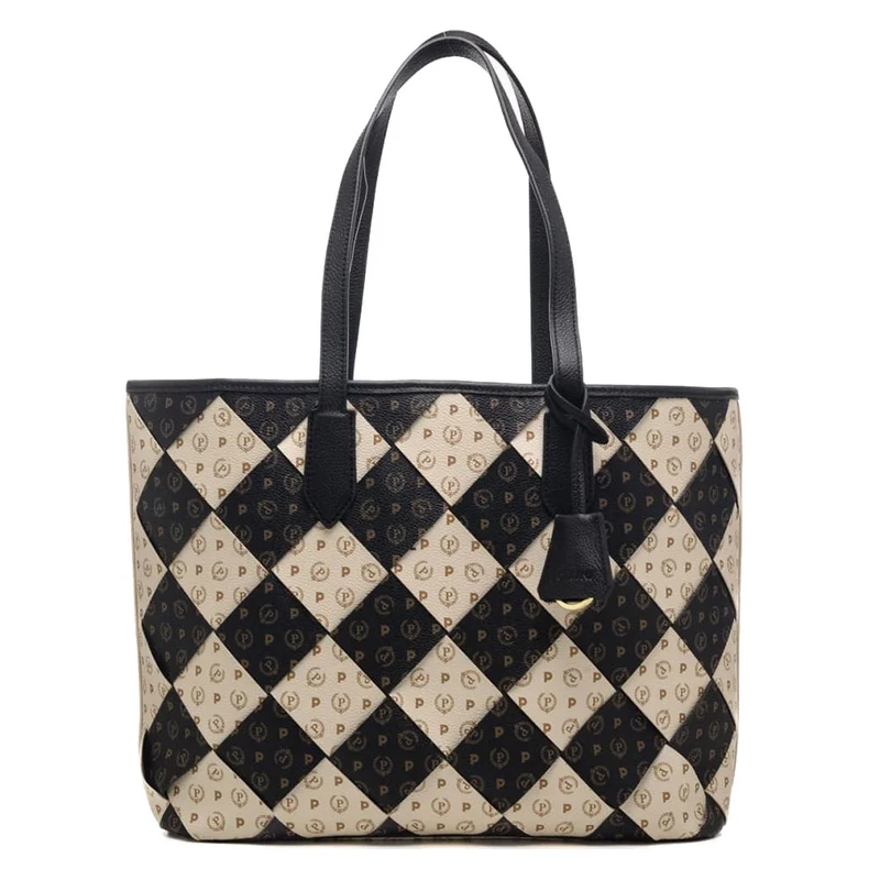 Borsa Donna Shopping a Spalla POLLINI con Motivo Intrecciato Avorio e Nero