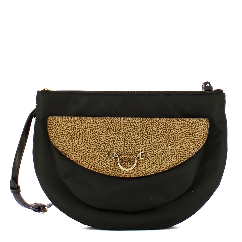Borsa Donna a Tracolla Media BORBONESE linea New Dunette in Tessuto e Pelle colore Nero e OP Naturale