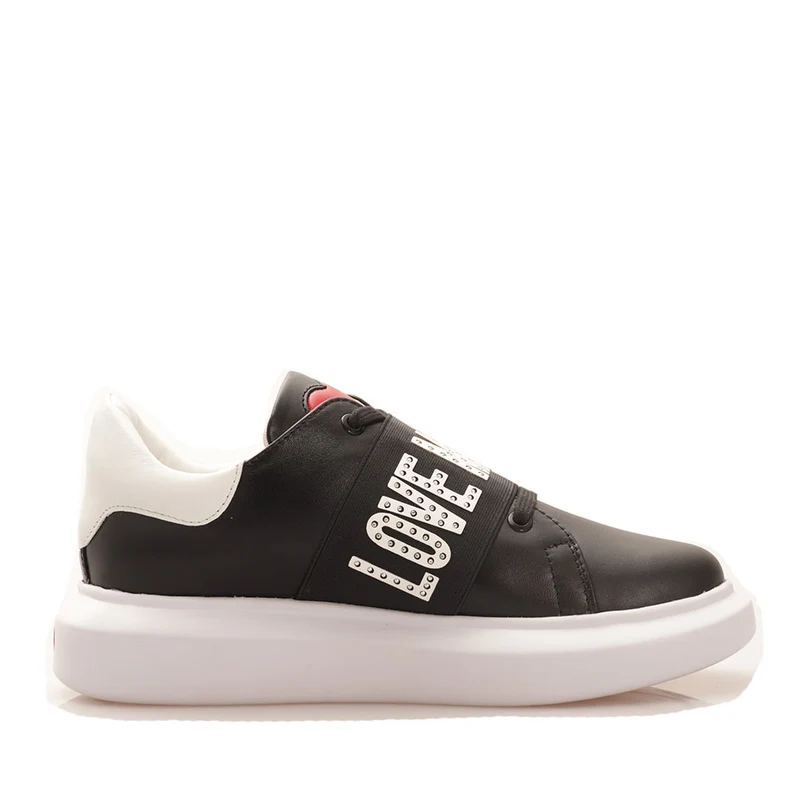 Scarpe Donna LOVE MOSCHINO Sneakers in Pelle Nera con Inserto Elastico con Strass