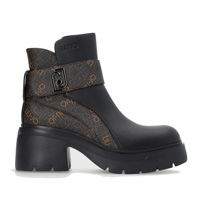 Scarpe Donna LIU JO Stivaletti con Tacco Carrie 04 Neri con Inserto Monogram Marrone