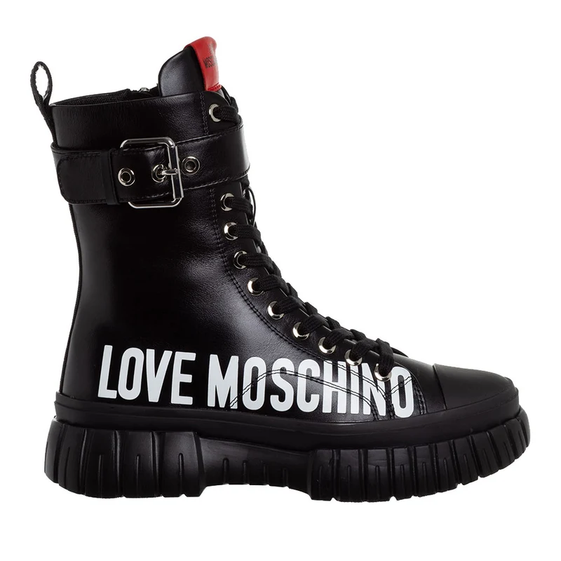 Scarpe Donna LOVE MOSCHINO Anfibi in Pelle Nera con Logo Lettering Bianco