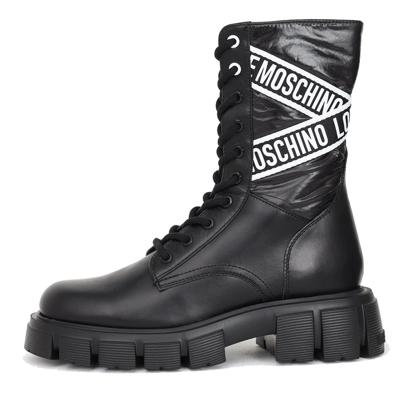 Scarpe Donna LOVE MOSCHINO Anfibi in Pelle Nera con Nastro Logato