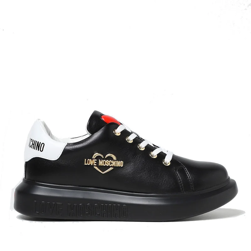 Scarpe Donna LOVE MOSCHINO Sneakers linea Gold Metal Logo in Pelle Nera e Bianca