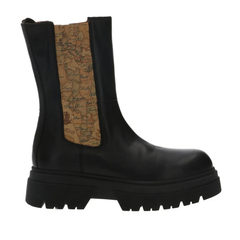 Scarpe Donna 1A Classe Alviero Martini Stivali Beatles in Pelle Nera con Inserti Geo Classic 1423
