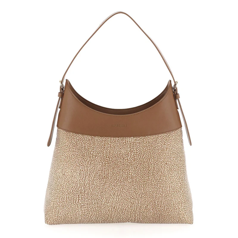 Borsa Donna Hobo Medium BORBONESE linea New Classica in Tessuto Jet Op e Pelle colore Beige e Brown