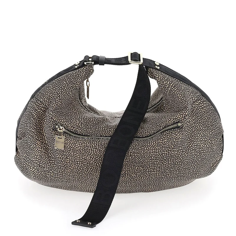 Borsa Donna Hobo BORBONESE linea Cloudette Large in Tessuto Jet Op colore Naturale e Nero