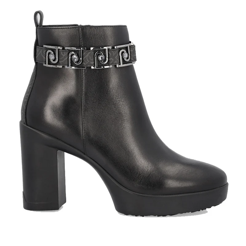 Scarpe Donna LIU JO Stivaletti con Tacco in Pelle Nera con Nastro Monogram e Logo Gioiello