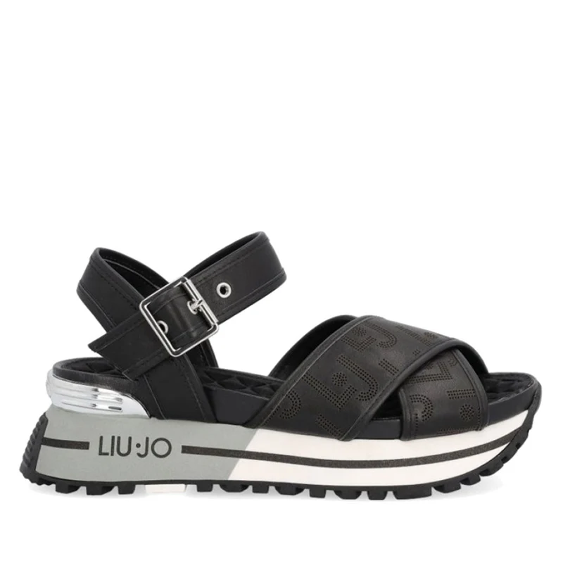 Scarpe Donna LIU JO Sandali Platform con Logo Gioiello in Pelle Nera