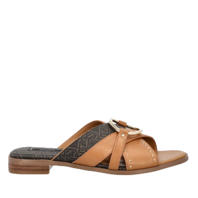 Scarpe Donna LIU JO Sandali Flat in Pelle color Noce con Dettagli Monogram