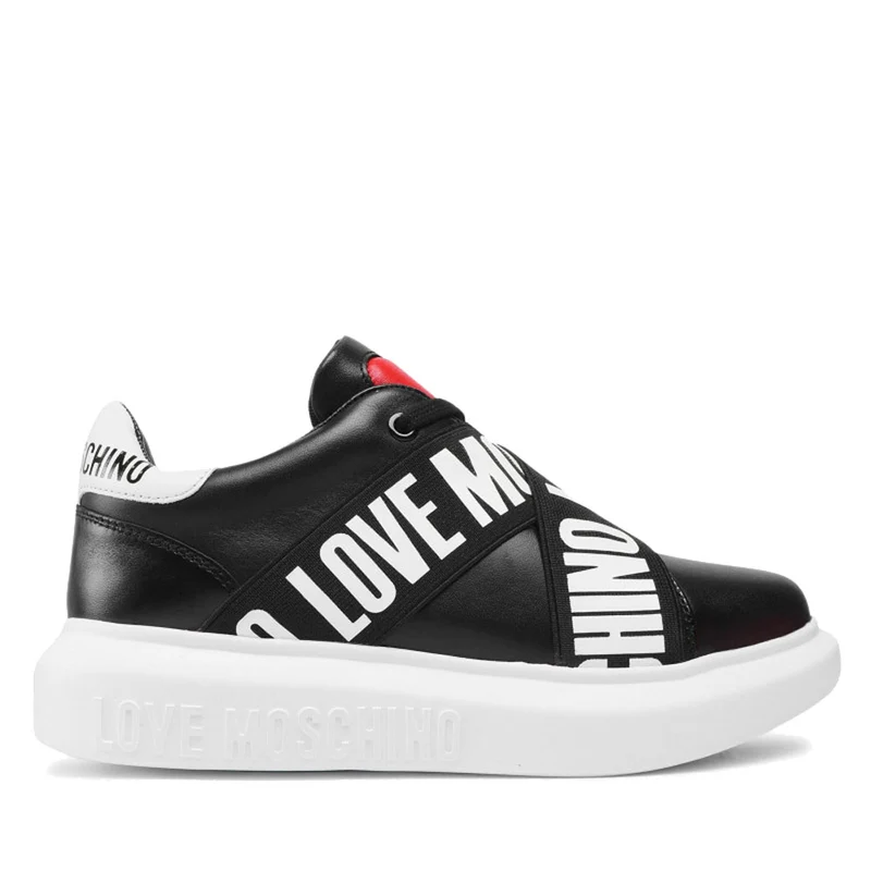Scarpe Donna LOVE MOSCHINO Sneakers in Pelle con Elastico Logato colore Nero e Bianco JA15264