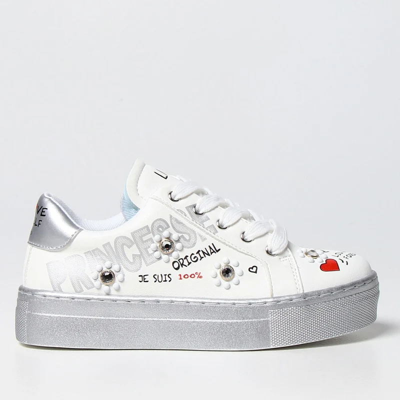 Scarpe Junior LIU JO linea Alicia Chic 304 Sneakers con Glitter e Pietre Gioiello colore Argento e Bianco