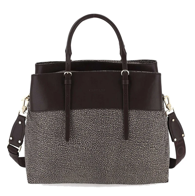 Borsa Donna Shopping Large con Tracolla BORBONESE linea New Classica in Tessuto Jet Op colore Fango e Testa Moro