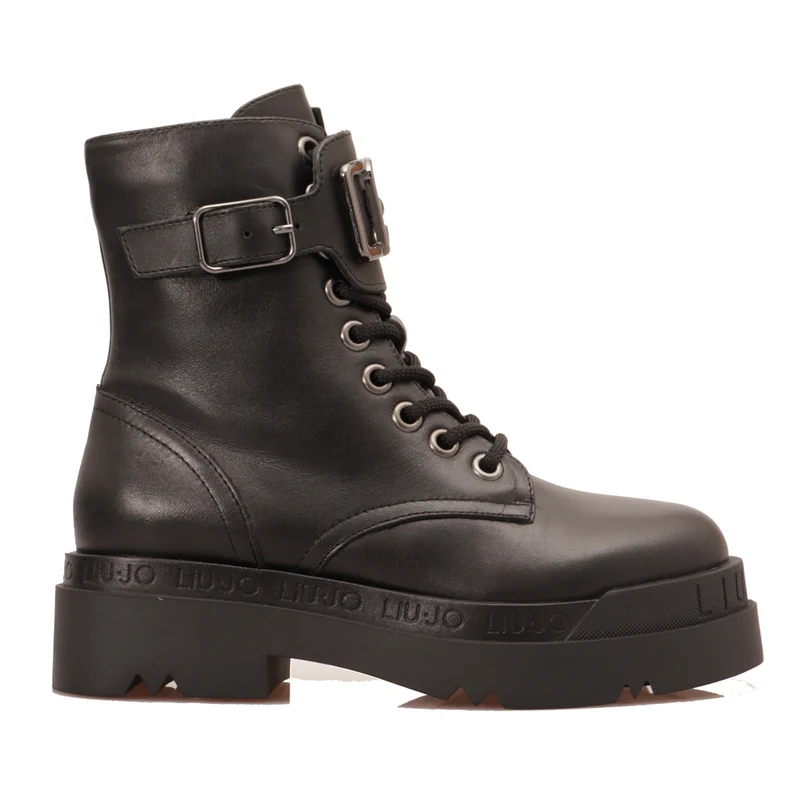 Scarpe Donna LIU JO Anfibi Platform in Pelle Nera con Logo Silver e Interno Eco Fur