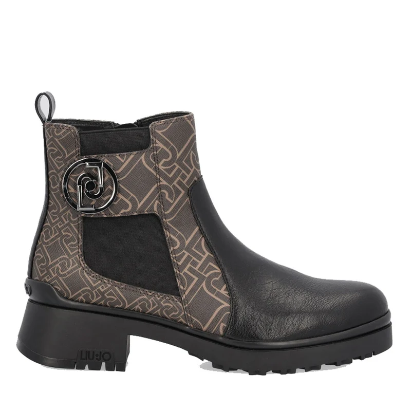 Scarpe Donna LIU JO Stivetti Pelle Nera con Dettagli Marroni con Logo Monogram