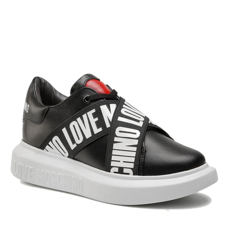 Scarpe Donna LOVE MOSCHINO Sneakers in Pelle Nera con Elastico Logato