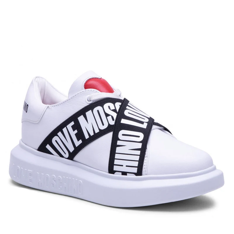 Scarpe Donna LOVE MOSCHINO Sneakers in Pelle Bianca con Elastico Logato