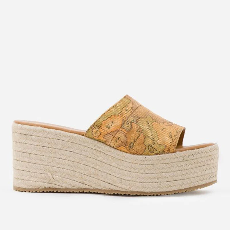 Scarpe Donna 1A Classe Alviero Martini Sabot con Zeppa in Corda in Canvas stampa Geo Classic E424