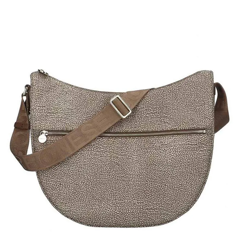 Borsa a Tracolla BORBONESE Luna Bag Medium linea Jet Op in Tessuto Beige e Marrone