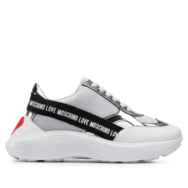 Scarpe Donna LOVE MOSCHINO Sneakers in Rete e Vernice Bianco e Silver