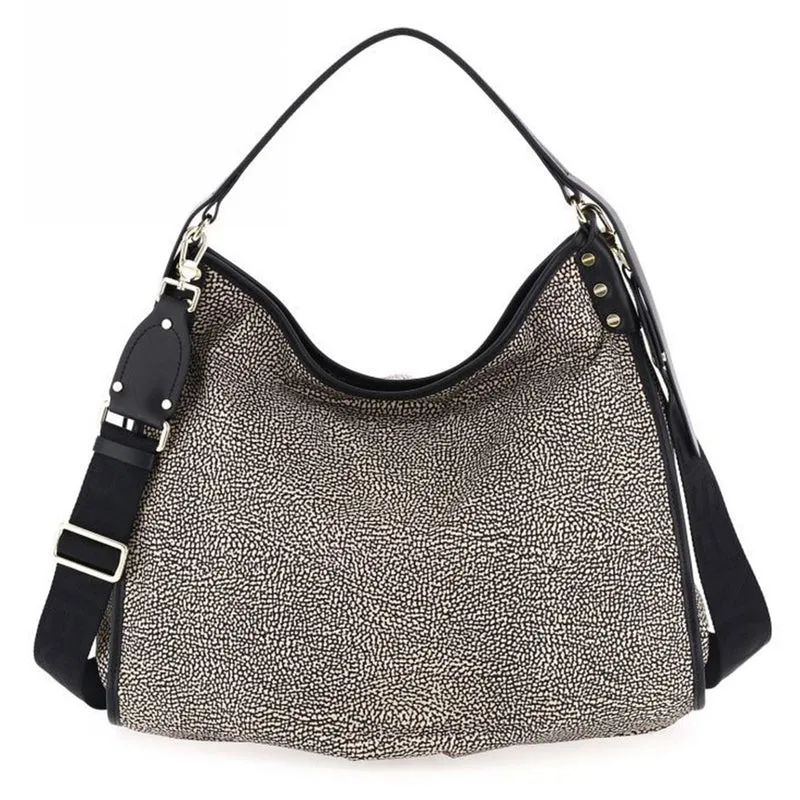 Borsa Donna Hobo a Spalla BORBONESE linea Metro in Tessuto Op Colore Natural Black
