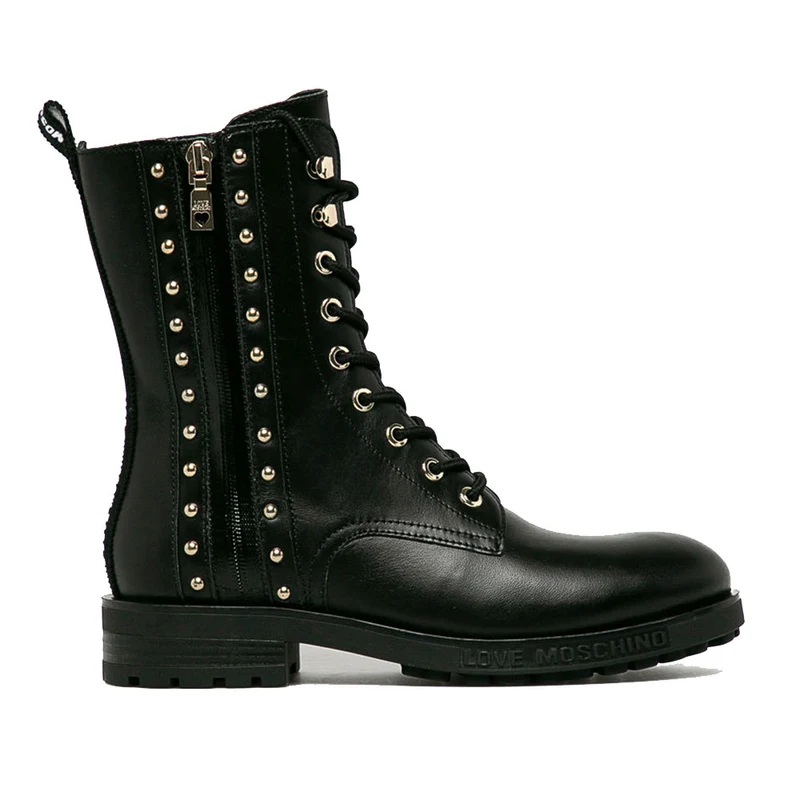 Scarpe Donna LOVE MOSCHINO Anfibi in Pelle Nera con Borchie Oro