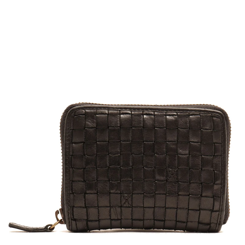 Portafoglio Donna Piccolo Zip Around in Pelle Nera Intrecciata Gianni Conti