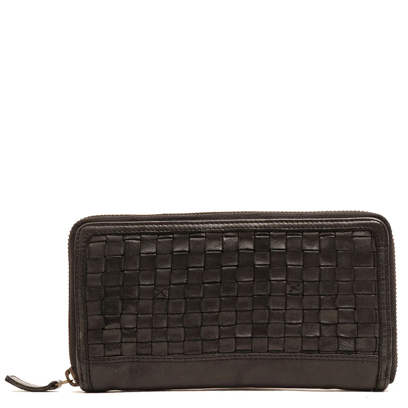 Portafoglio Donna Zip Around in Pelle Nera Intrecciata Gianni Conti