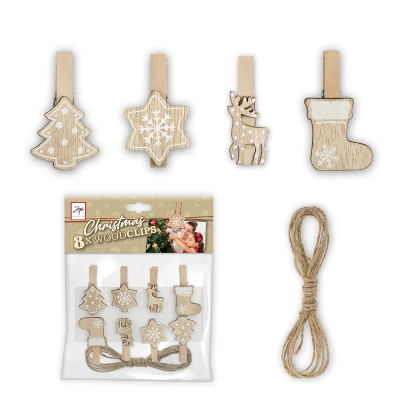 Kit "Wood Clips Brown" da 8 mollette e corda da 200cm - Art. LK39B