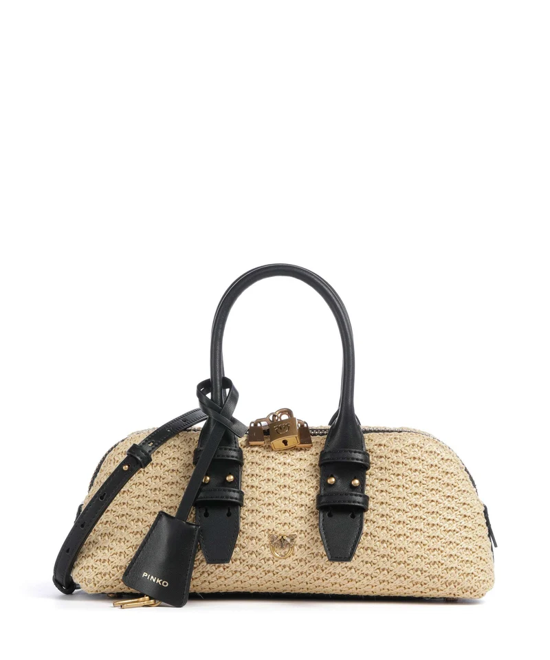 Pinko Bowling Horizontal Borsa a mano rafia/nero/antique gold