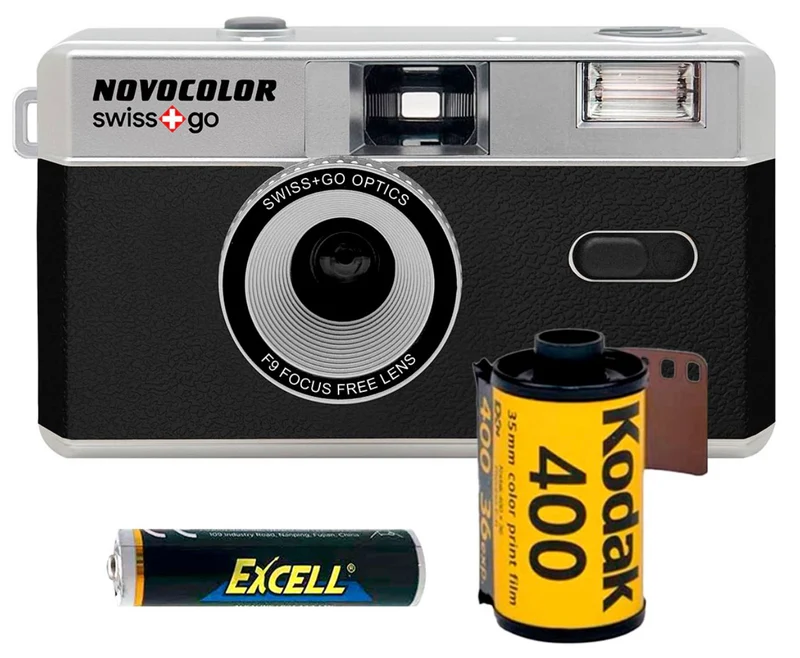 SWISS-GO PHOTO CAMERA NOVOCOLOR 35MM ANALOGICA NERA CON BORSA E PELLICOLA GOLD 400